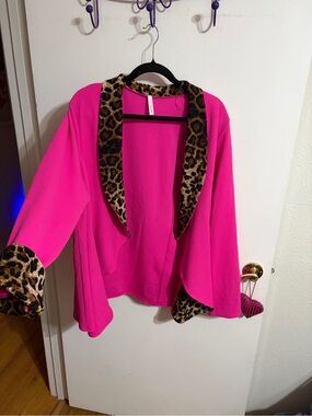 💜 2X Lily Pad Hot Pink Open Front Cardigan Blazer with Leopard Trim